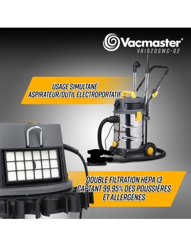 Aspirateur eau et poussières 1600W - 30L inox - 27 Kpa avec