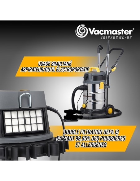 Aspirateur eau et poussières 1600W - 30L inox - 27 Kpa avec