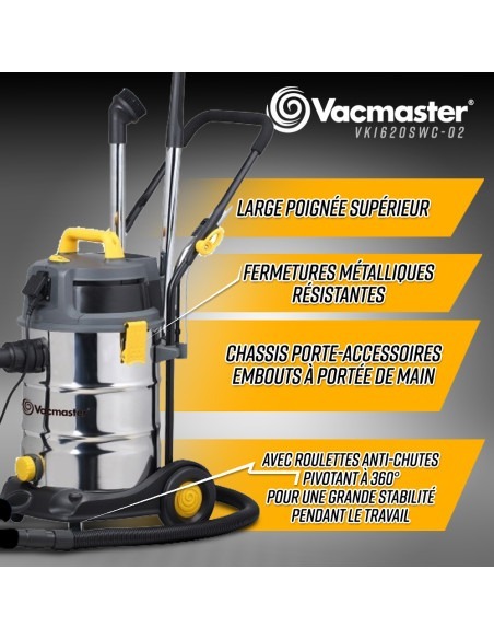 Aspirateur eau et poussières 1600W - 30L inox - 27 Kpa avec