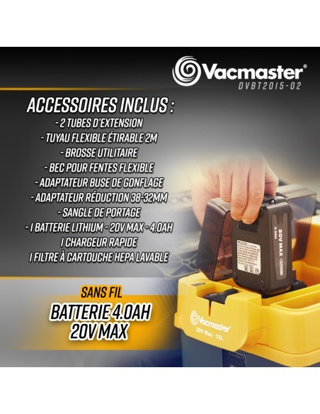 Aspirateur eau et poussières rechargeable 20V avec fonction