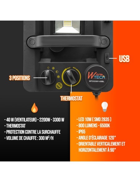 Chauffage d'atelier 3000W + USB + éclairage led - Warmtech