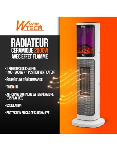 Radiateur céramique 2000W avec effet flamme - Warm Tech