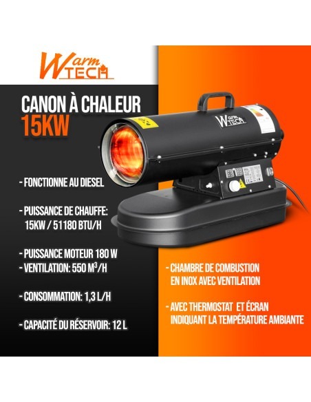 Canon à chaleur diesel 15 KW avec thermostat - Warmtech