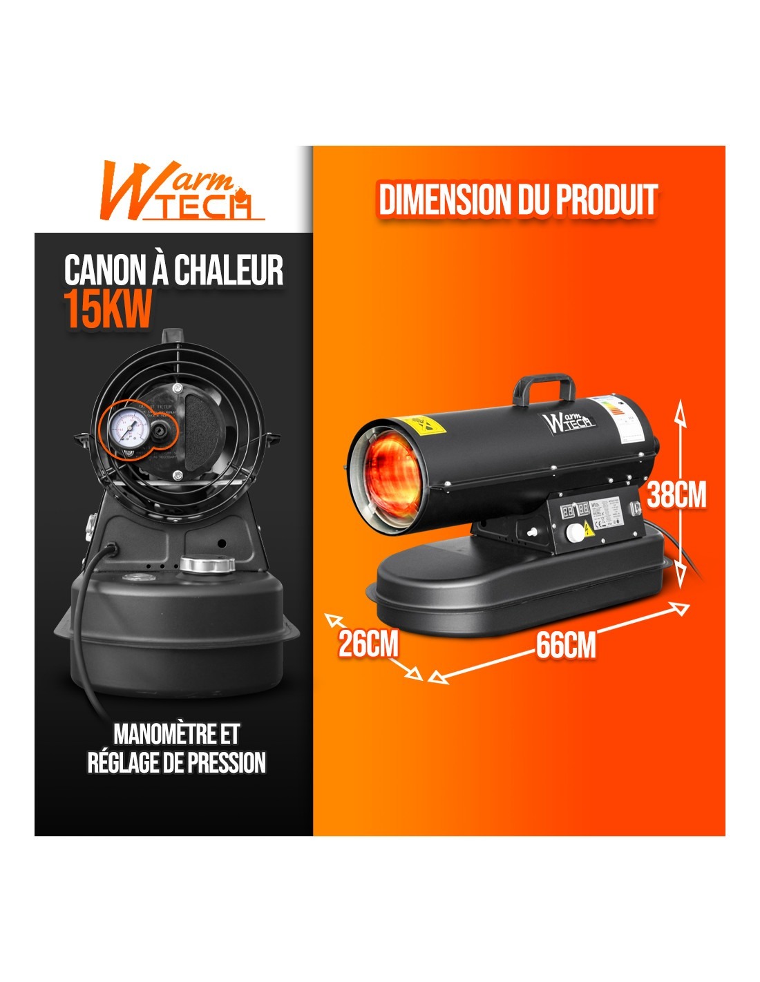 Canon À Chaleur Diesel 15 Kw Avec Thermostat - Warmtech à Prix Carrefour