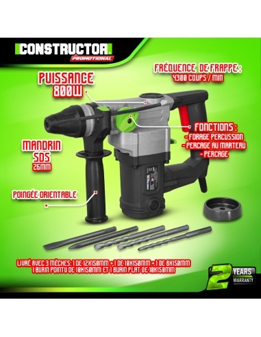 Marteau perforateur 800W + accessoires - 4 J - Constructor