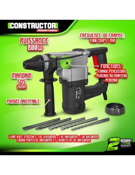 Marteau perforateur 800W + accessoires - 4 J - Constructor