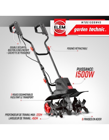 Motobineuse électrique 1500W - 6 fraises - 45cm - Elem Garden