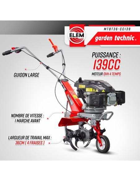 Motobineuse thermique 139cc - 4 fraises - Largeur de travail