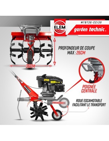 Motobineuse thermique 139cc - 4 fraises - Largeur de travail