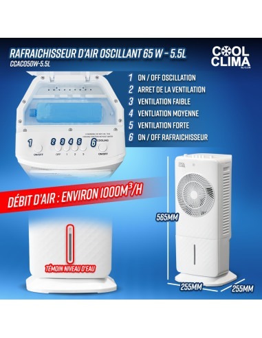 Rafraichisseur d air oscillant 65 W - 5.5L - Ventilateur -
