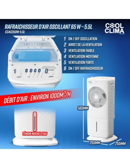 Rafraichisseur d air oscillant 65 W - 5.5L - Ventilateur -