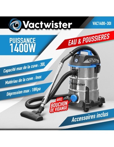 Aspirateur eau et poussières 1400W - 30L inox - 18 Kpa avec