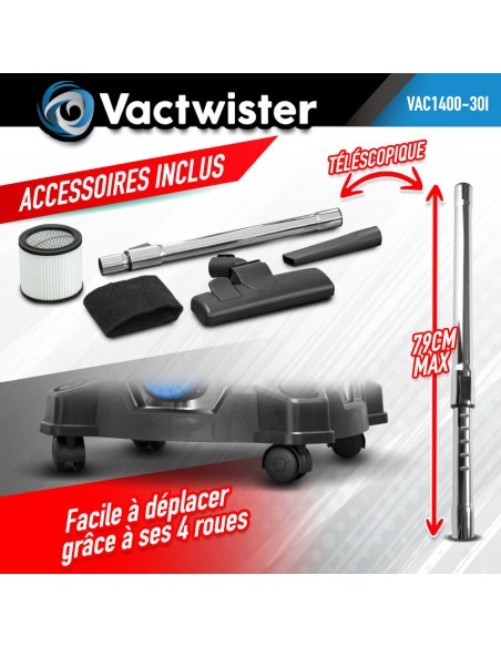 Aspirateur eau et poussières 1400W - 30L inox - 18 Kpa avec
