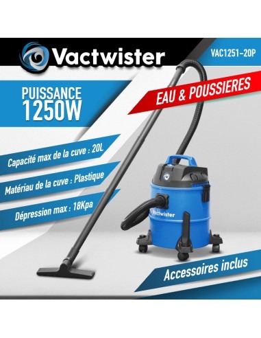 Aspirateur eau et poussières 1250W - 20L plastique - 18 Kpa