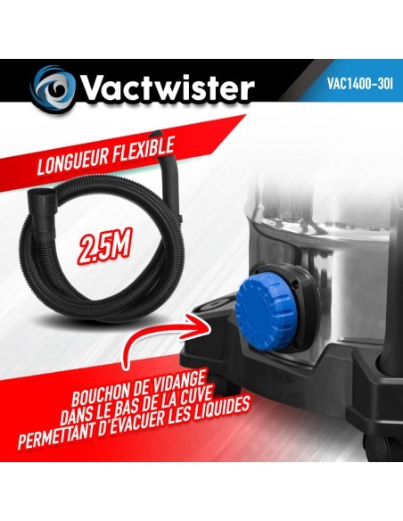 Aspirateur eau et poussières 1400W - 30L inox - 18 Kpa avec