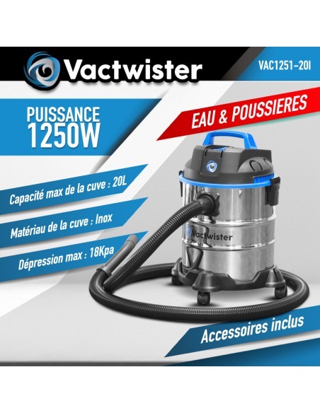 Aspirateur eau et poussières 1250W - 20L inox - 18 Kpa avec