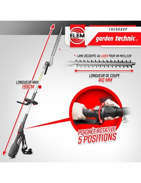 Taille haies électrique sur perche 900W avec tête orientable -