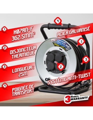 Enrouleur 4 prises-h07rn-3g2.5MM²-25M - Acier galvanisé