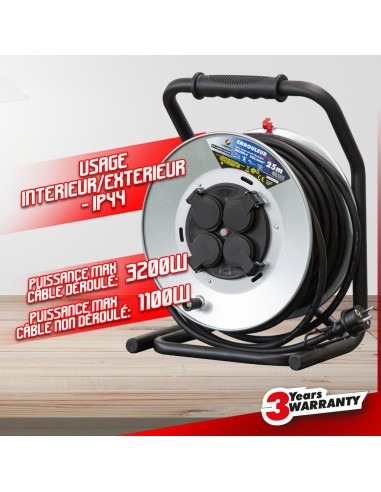 Enrouleur 4 prises-h07rn-3g2.5MM²-25M - Acier galvanisé