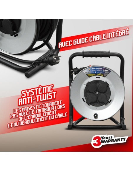 Enrouleur 4 prises-h07rn-3g2.5MM²-25M - Acier galvanisé