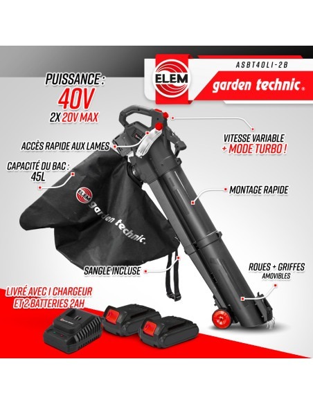 Aspirateur souffleur broyeur rechargeable 2x20V livré avec