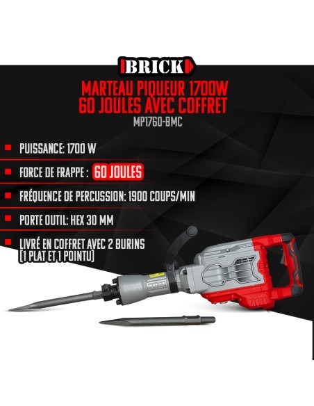 Marteau piqueur 1700W - 60 Joules avec coffret - Brick