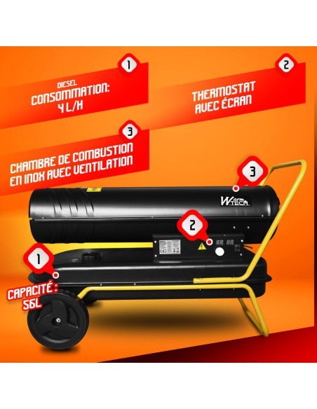Canon à chaleur 50 KW diesel avec thermostat et roues - Warmtech