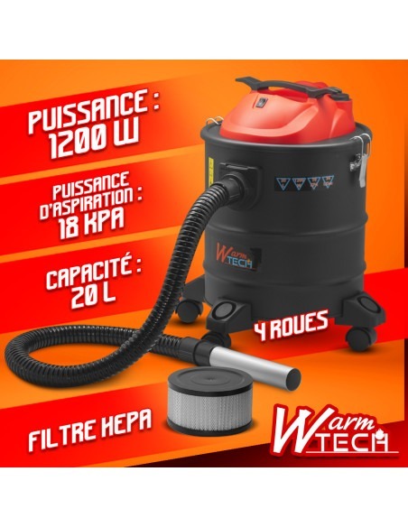 Vide cendres 1200W 20L avec soufflerie, fonction décolmatage et