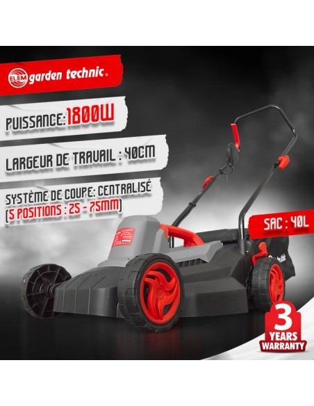 Tondeuse à gazon électrique 1800W - Largeur de coupe 40cm -