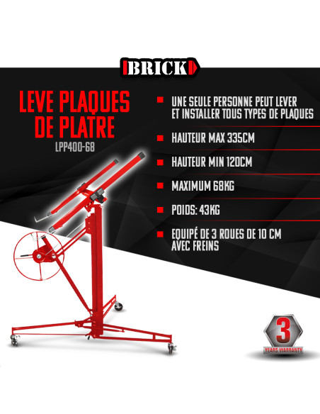 Lève plaques de plâtre max 68kg - Brick