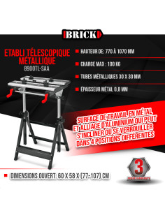 Etabli télescopique métallique 60 x 58 x 77cm - Charge max 2