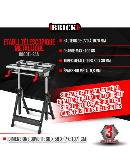 Etabli télescopique métallique 60 x 58 x 77cm - Charge max