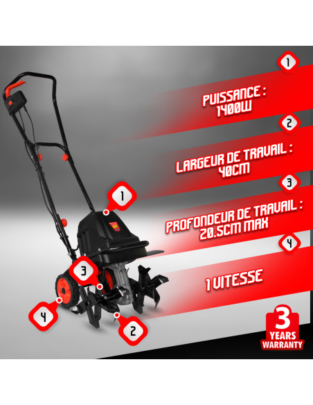 Motobineuse électrique 1400W - 6 fraises - 40cm