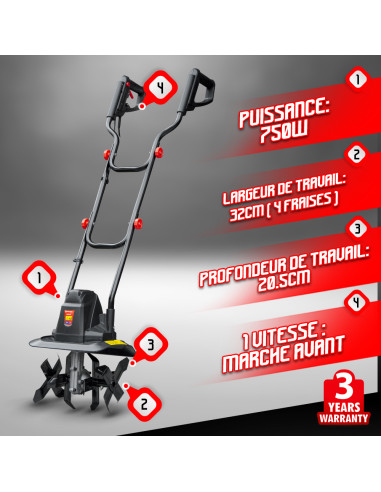 Motobineuse électrique 750W 32cm - 4 Fraises