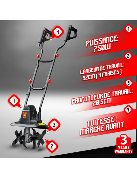 Motobineuse électrique 750W 32cm - 4 Fraises