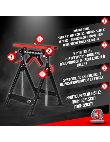 Treteau telescopique a rouleaux max 200kg - Brick