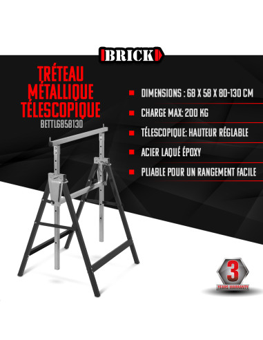 Tréteau métallique télescopique 68x58x130cm- Pliable - Brick