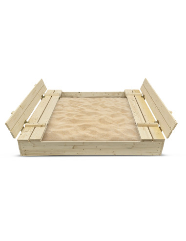 Bac à sable 120x120cm en bois avec couvercle rabattable - Couleur bois naturel - Elem Garden