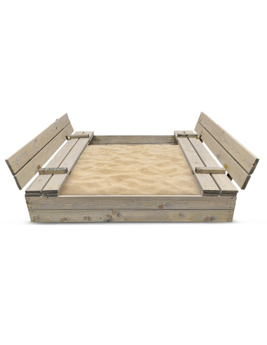 Bac à sable 120x120cm en bois avec couvercle rabattable - Bois traité couleur gris - Elem Garden