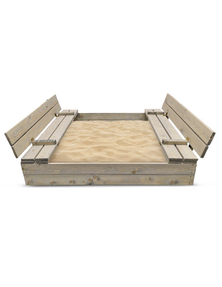 Bac à sable 120x120cm en bois avec couvercle rabattable - Bois traité couleur gris - Elem Garden