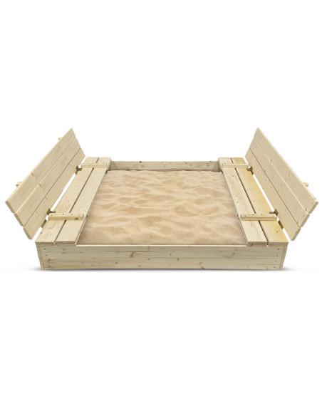 Bac à sable 140x140cm en bois avec couvercle rabattable - Couleur bois naturel - Elem Garden