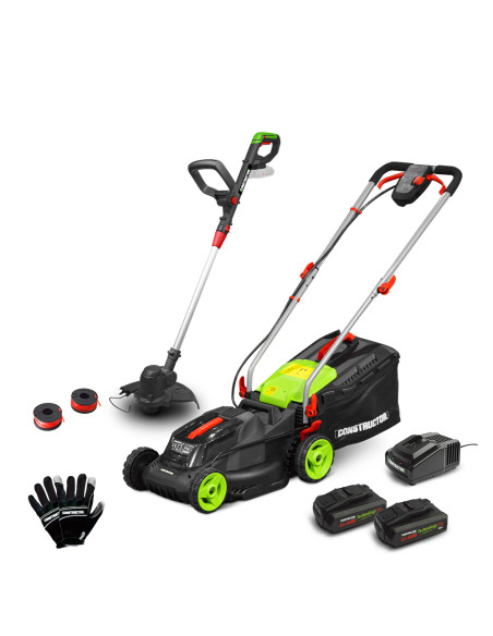 Tondeuse rechargeable 40V (2x20V) 34 cm + coupe bordures + gants + 2 bobines avec 2 batteries 2Ah et chargeur - Constructor