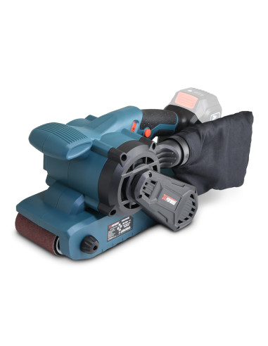 Ponceuse à bande sans fil 20V avec vitesse variable et moteur brushless livrée sans batterie ni chargeur.