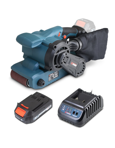 Ponceuse à bande sans fil 20V avec moteur brushless livrée avec 1 batterie 2Ah et un chargeur.