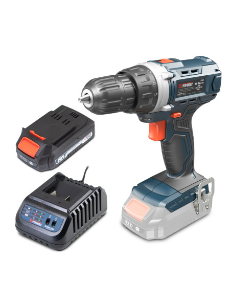 Perceuse visseuse 20V – 35Nm livrée avec une batterie 2Ah et un chargeur.