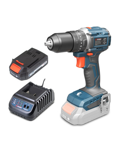 Perceuse visseuse percussion 20V - 50Nm avec moteur brushless livrée avec 1 batterie 2Ah et un chargeur rapide.