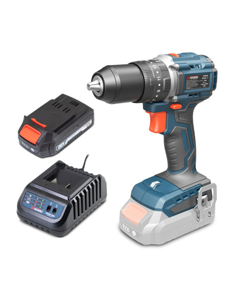 Perceuse visseuse percussion 20V - 50Nm avec moteur brushless livrée avec 1 batterie 2Ah et un chargeur rapide.