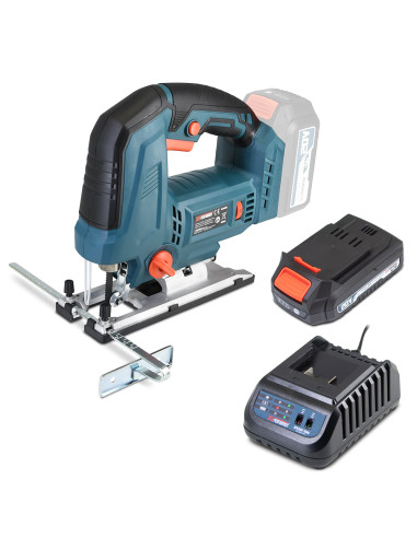 Scie sauteuse pendulaire 20V avec moteur brushless livrée avec 1 batterie 2Ah et un chargeur rapide.