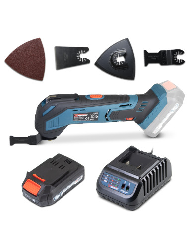 Outil multifonctions sans fil 20V + accessoires – Livré avec 1 batterie 2Ah et un chargeur rapide.