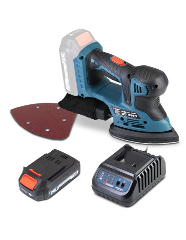 Ponceuse triangulaire 20V max livrée avec 1 batterie 2Ah et un chargeur rapide.